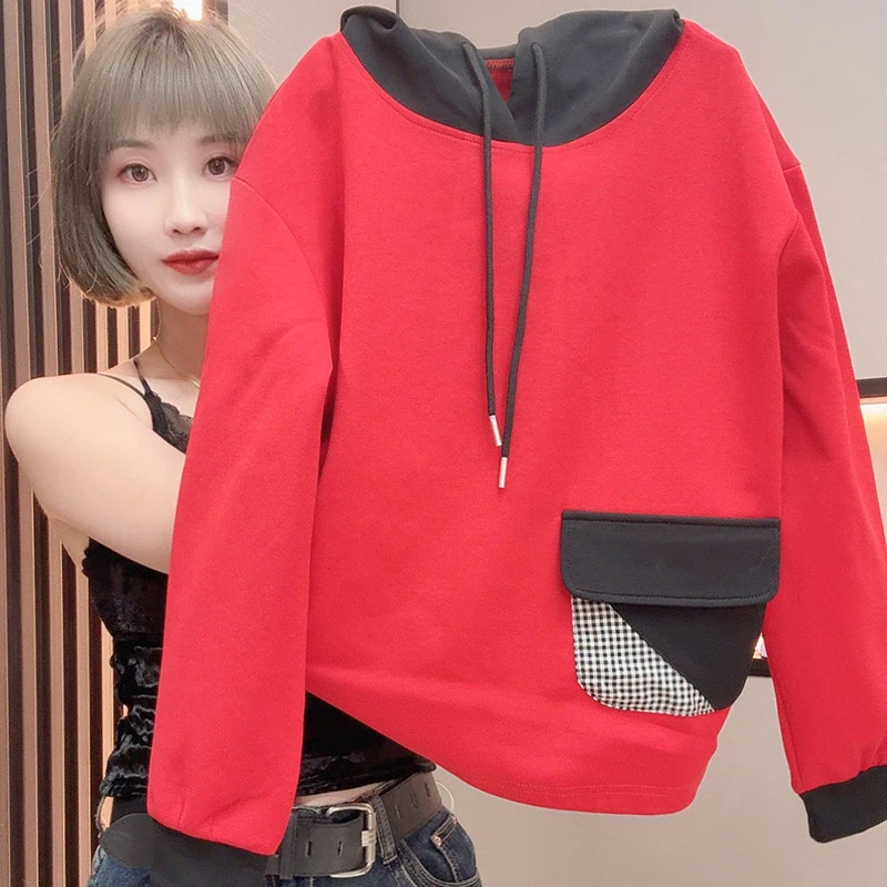 2025秋季抽绳连帽正肩卫衣女温柔美式慵懒松弛感撞色拼接长袖上衣