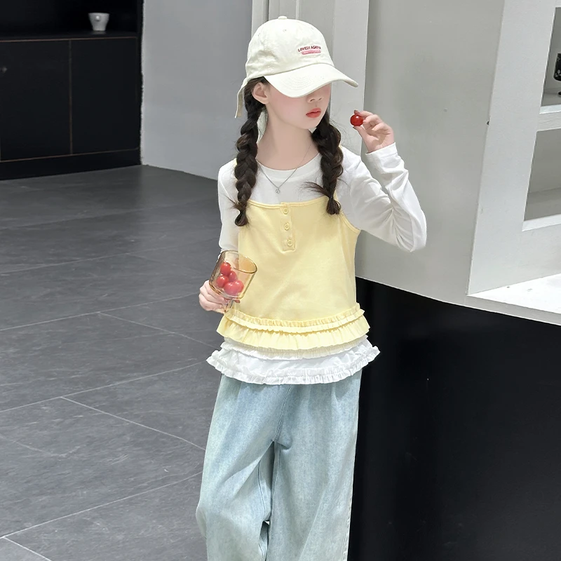 长袖t恤女童秋装2025新款女孩大童两件早秋上衣儿童春秋洋气衣服