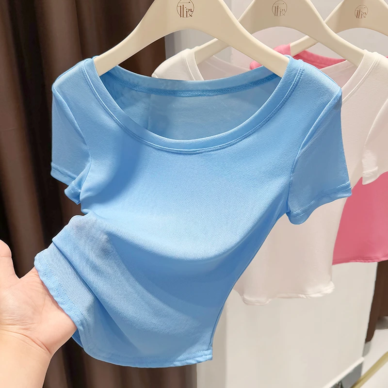 蓝色网纱短袖T恤女爆款2025新款夏季圆领薄款微透内搭打底衫上衣