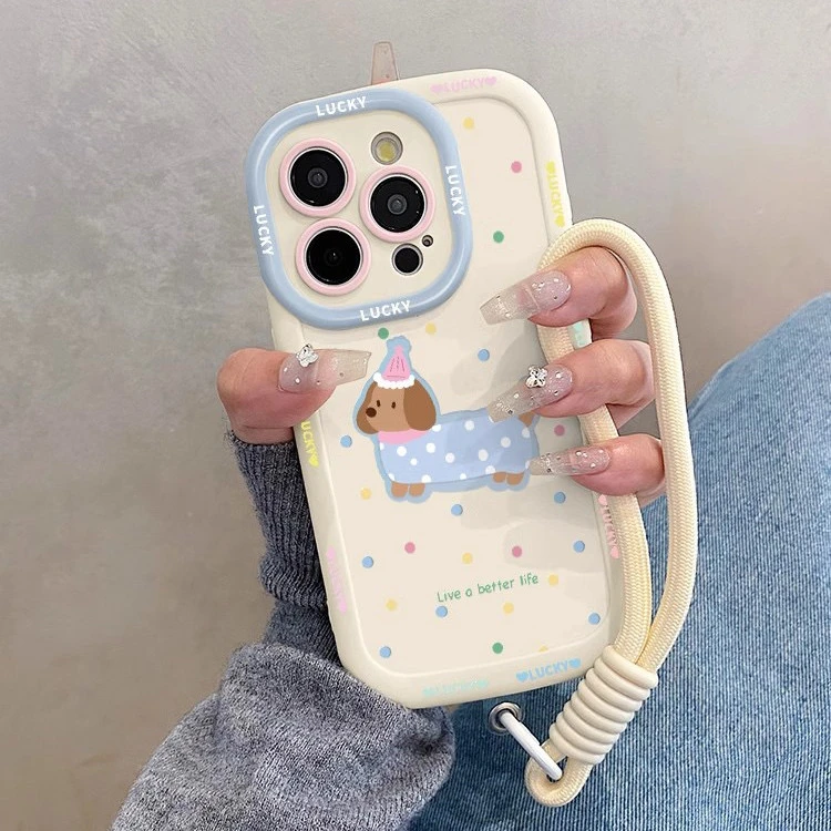 蓝衣腊肠狗适用苹果16promax手机壳iPhone15全包14挂绳13卡通12女