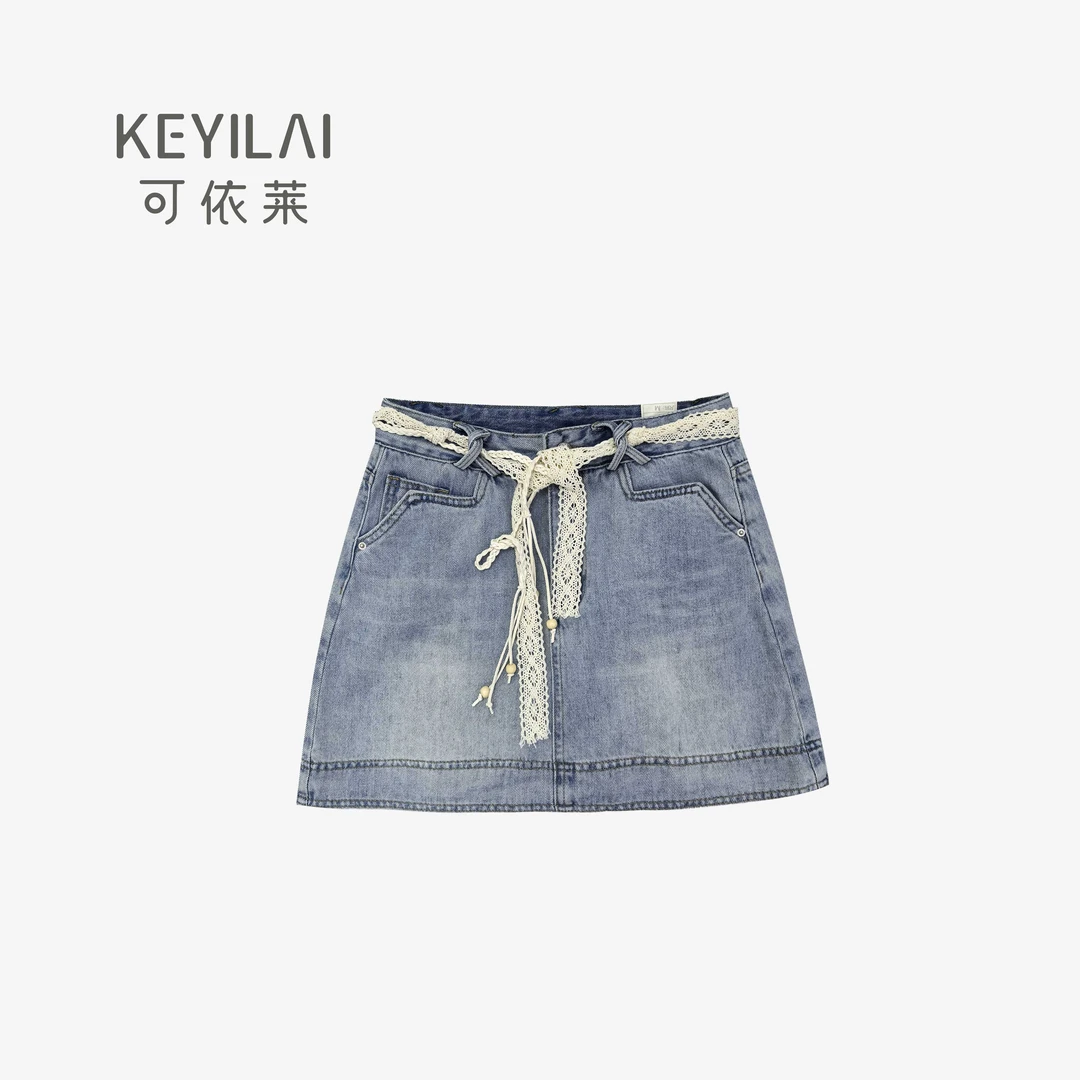 可依莱夏季新款蕾丝编织腰带简约显瘦牛仔裙DY5X5T1099