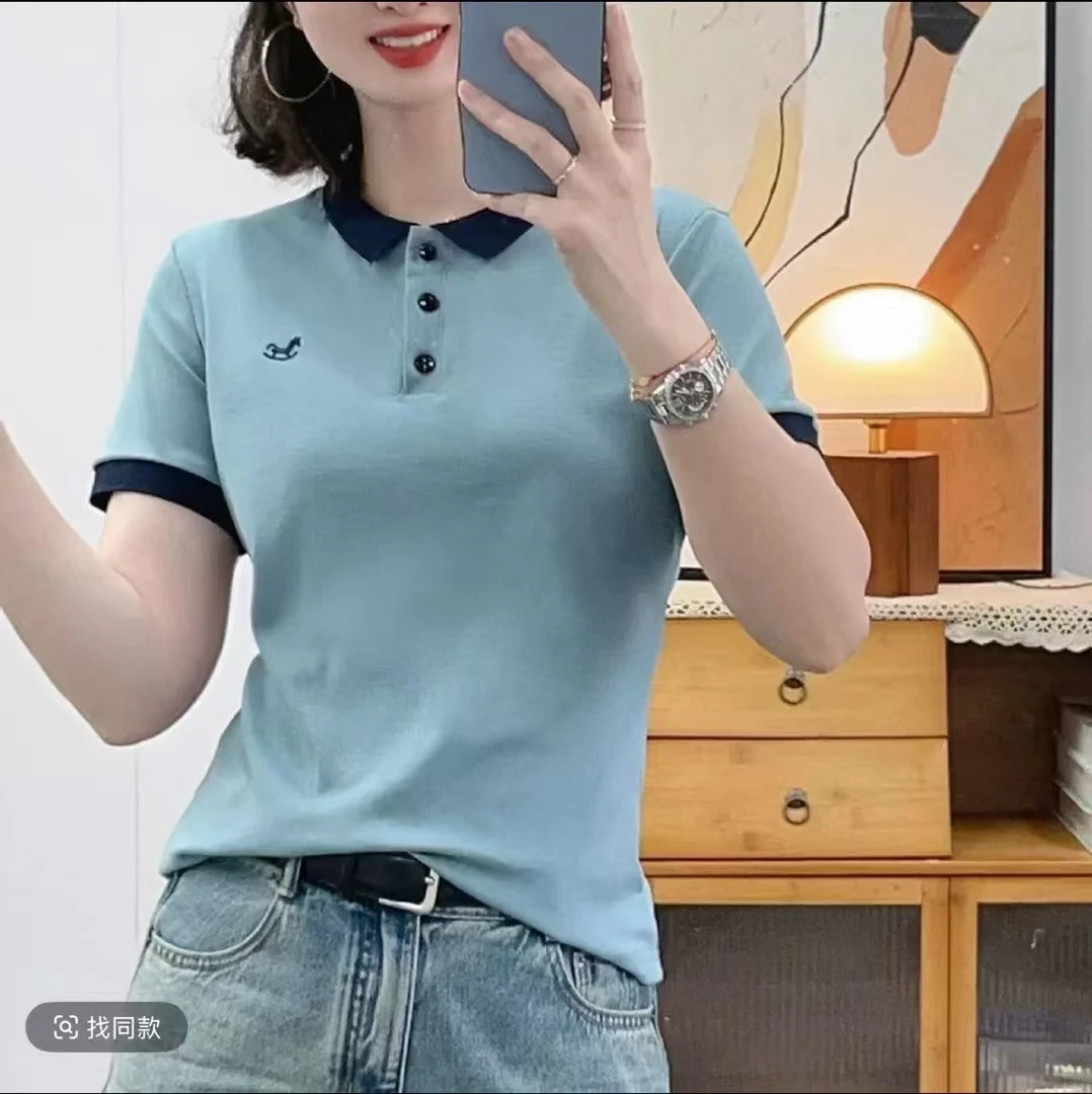 002虞美人夏季亮色POLO短袖领子拼色时尚百搭T恤
