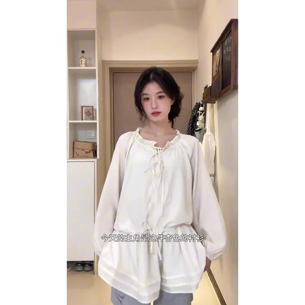 韩系木耳边抽绳长袖衬衫女2025春季新款温柔风别致设计感小众上衣