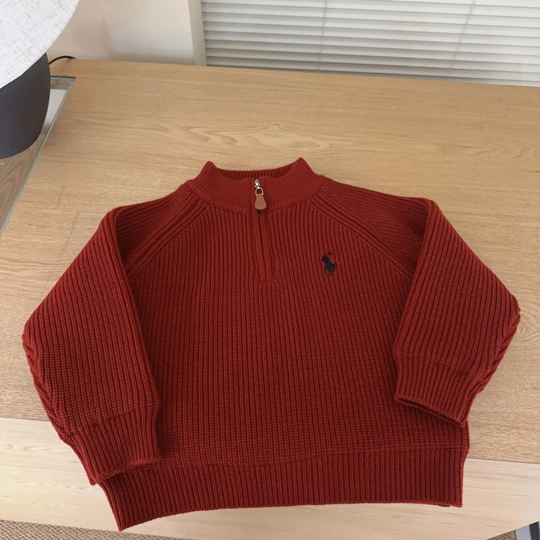 【两个小盆友】2024冬季德绒加厚儿童韩版立领针织衫红色毛衣7818