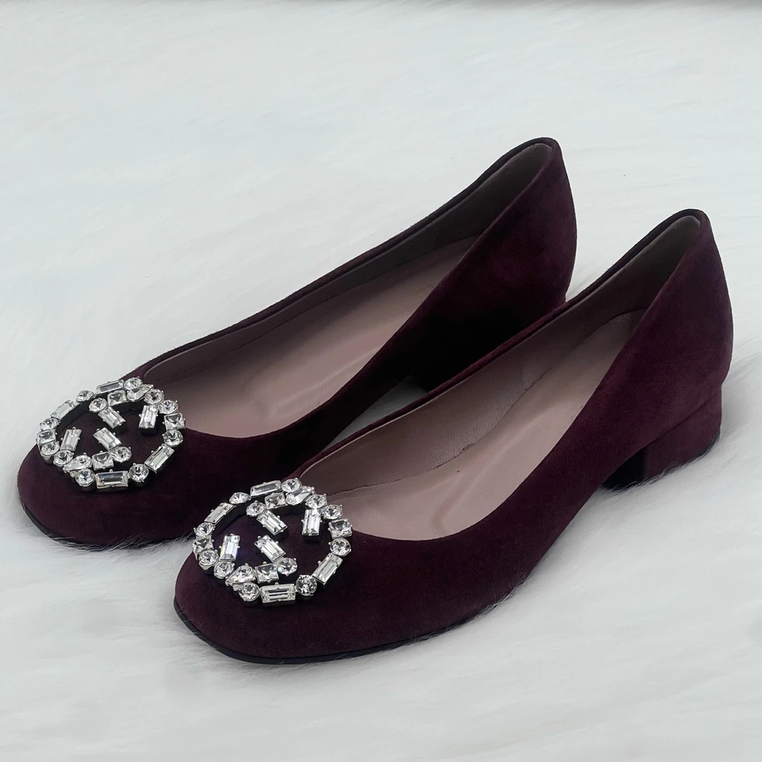 99新 GUCCI/古驰 酒红水钻方头平底鞋 34.5码 公价7K cd011