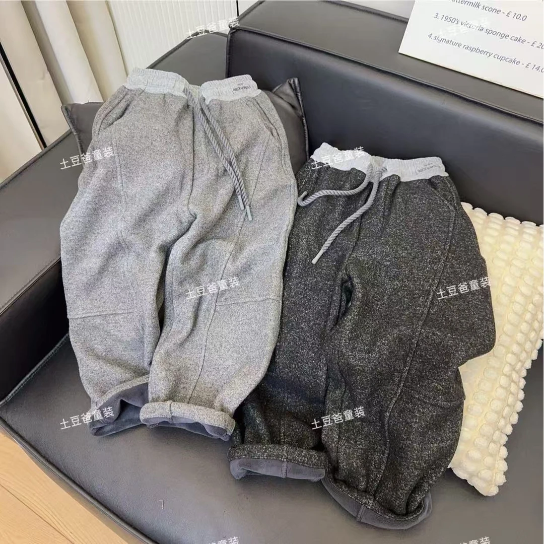 儿童加绒拼接卫裤2025冬季新款男女童百搭拼色时尚潮流加厚长裤