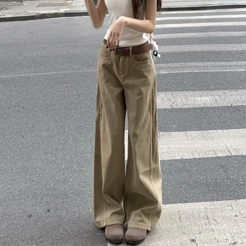 卡其色美式复古阔腿牛仔裤女2025秋季新款高腰宽松显瘦拖地直筒裤