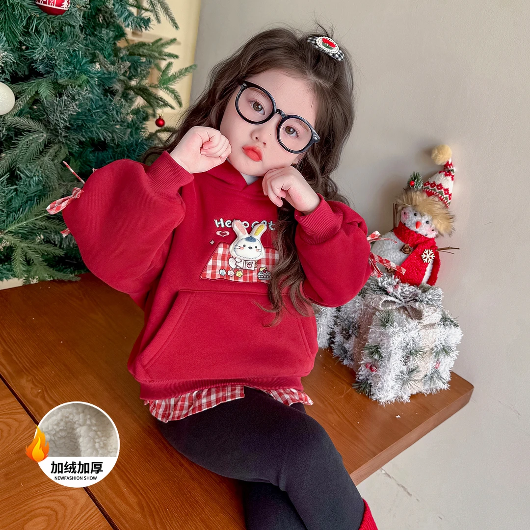 女童加绒卫衣秋冬季2025新款儿童冬装洋气一体绒宝宝加厚卡通上衣