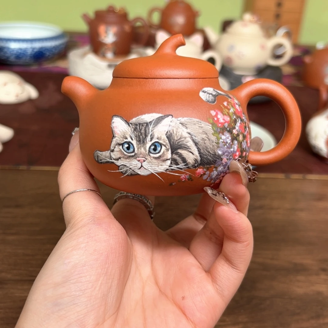 茶壶紫砂老红泥茄瓜 趴趴猫 170ml