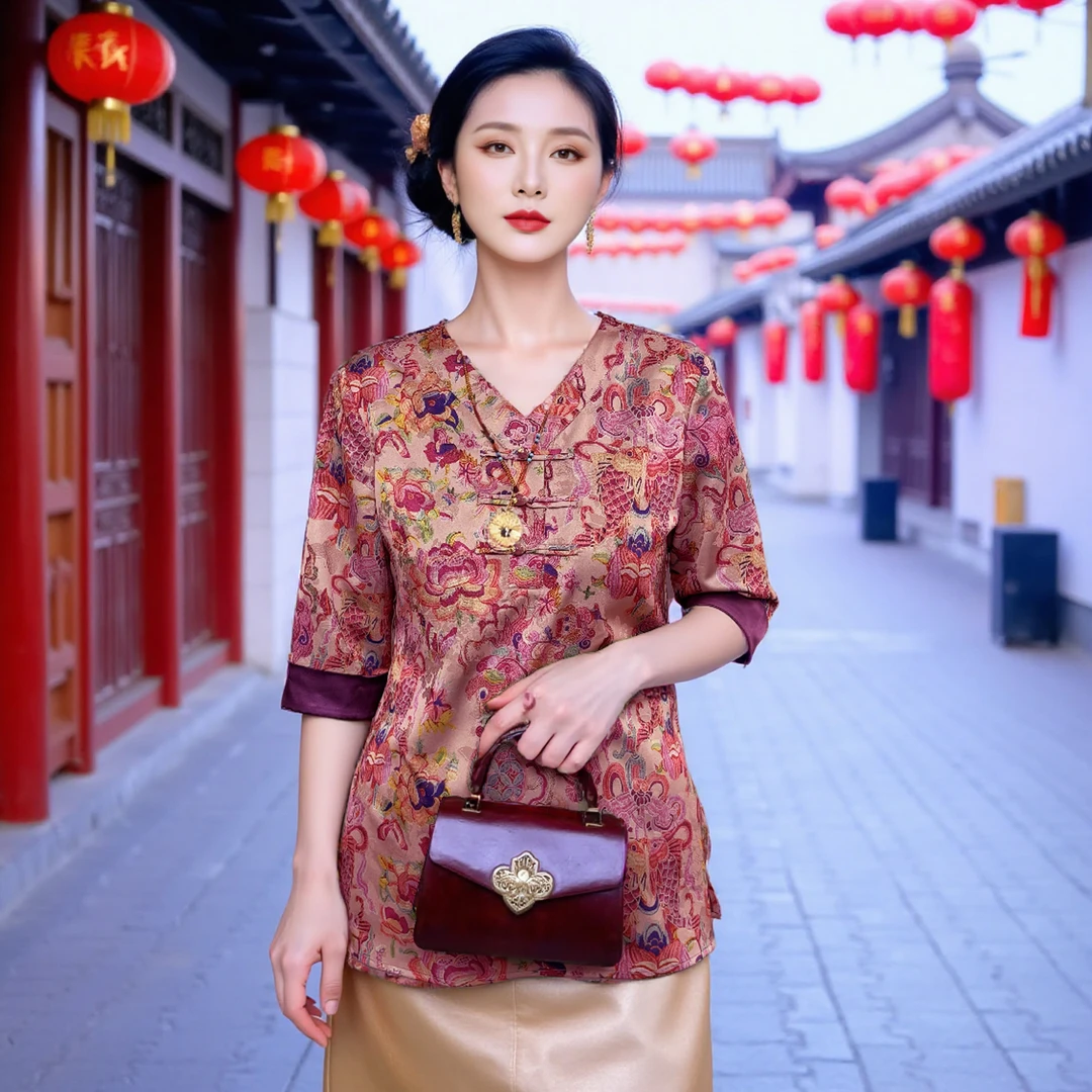 【福禄】新中式国风V领小衫女2025年夏装新款5分袖百搭上衣12163