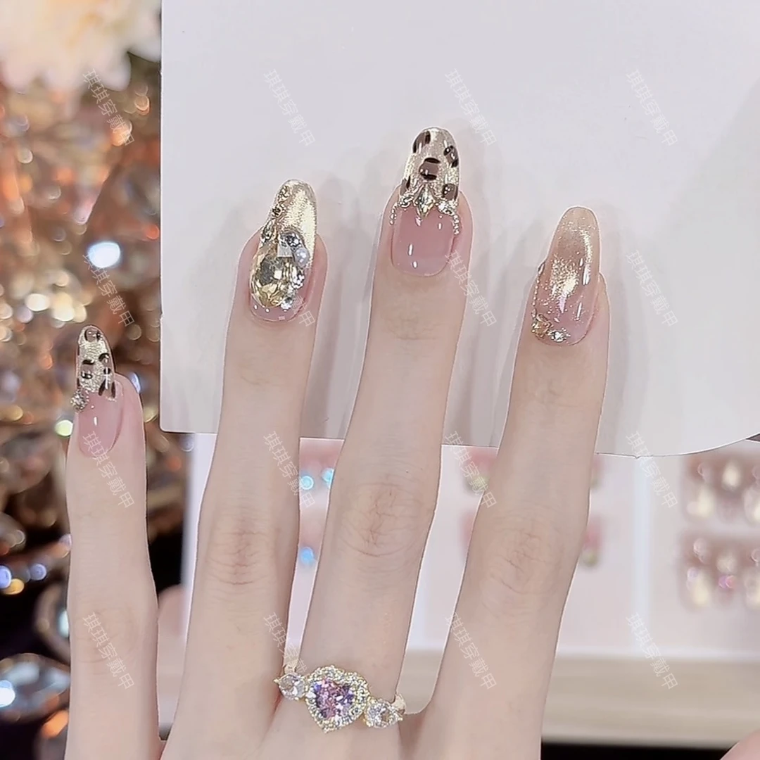 【落日熔金】纯手工穿戴甲爆款豹纹美甲显白气质法式猫眼款美甲