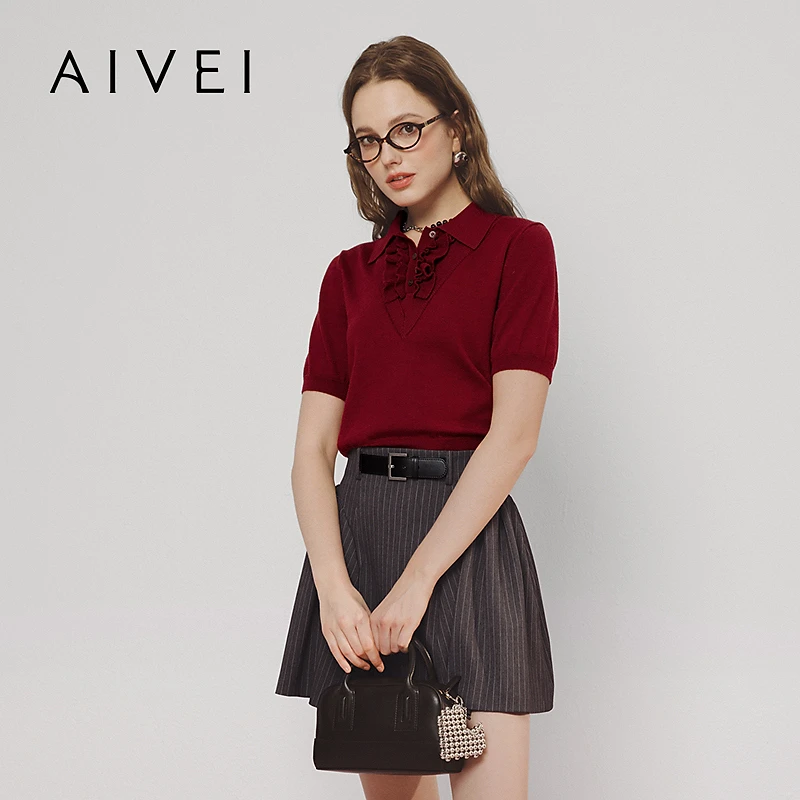 AIVEI欣贺艾薇春季英伦学院复古春游高知红色套头针织衫S714505A