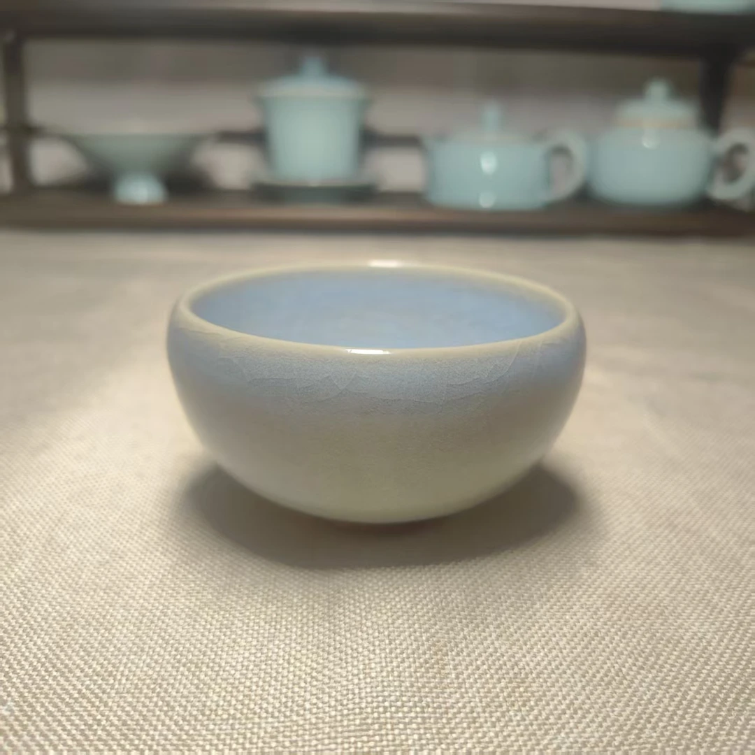 天蓝釉罗汉杯  汝瓷 茶杯 蝉翼冰裂纹  可养线