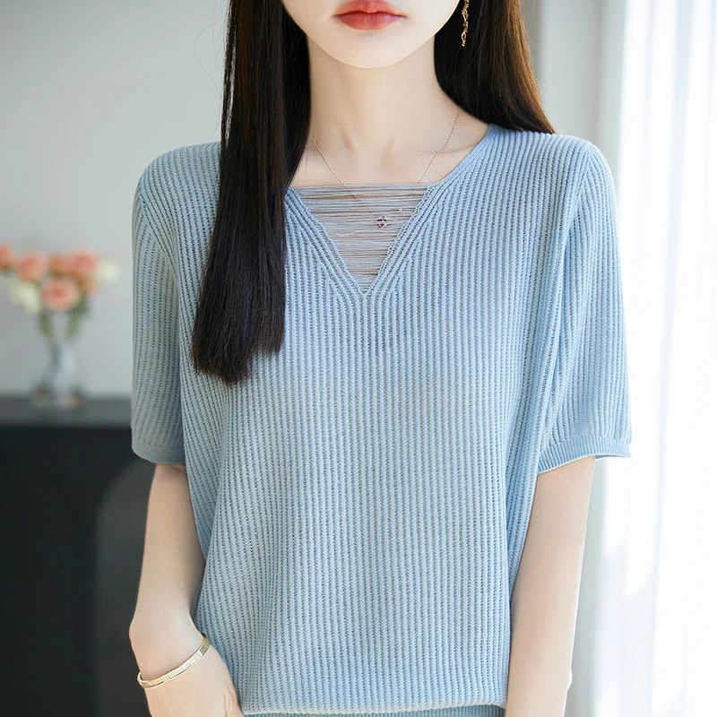 2025夏季新款v领短袖针织衫女宽松显瘦百搭上衣打底衫t恤3880