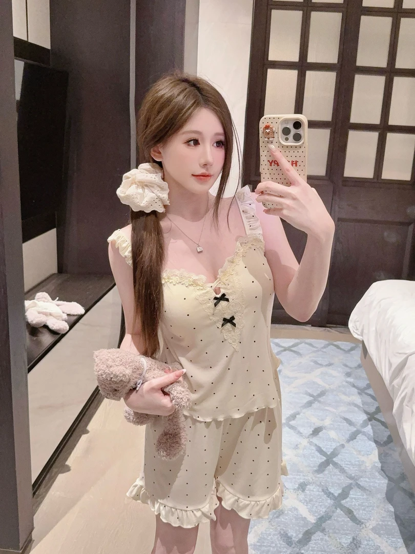 【软糖少女】夏季睡衣女套装代尔棉纯欲显白家居服可外穿带胸垫吊带