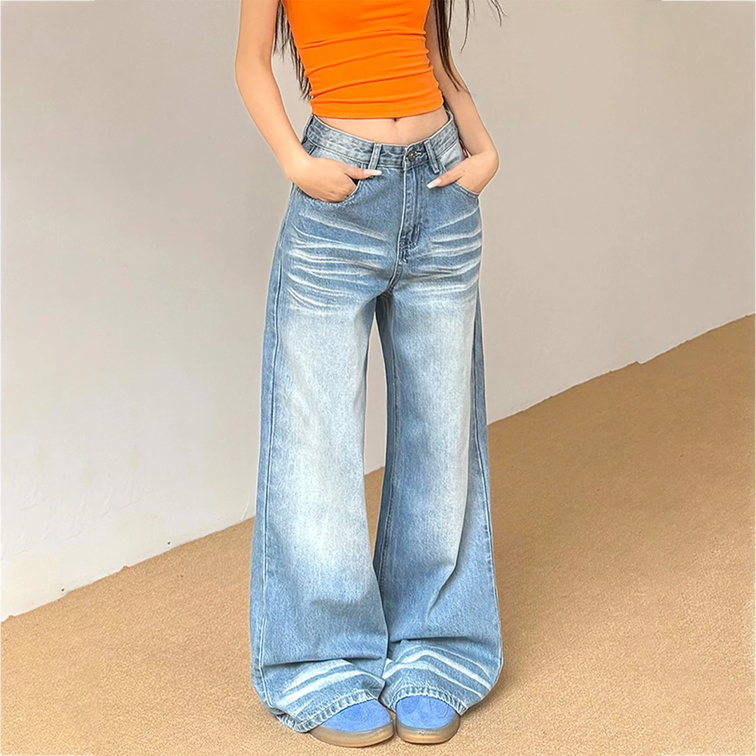 秋季美式复古高腰宽松直筒牛仔裤女大码梨型身材遮胯显瘦韩系长裤