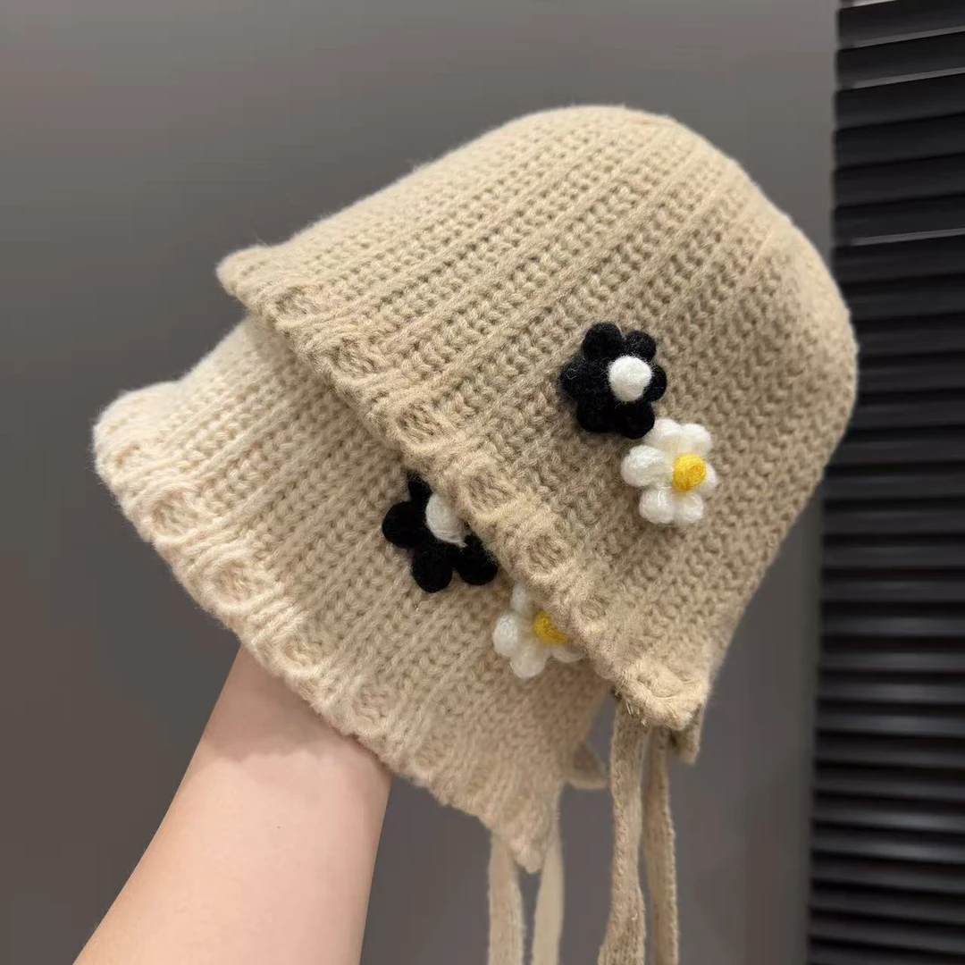 【甜酷】宝宝韩系ins秋冬护耳帽女宝可爱小花针织绑带保暖套头帽