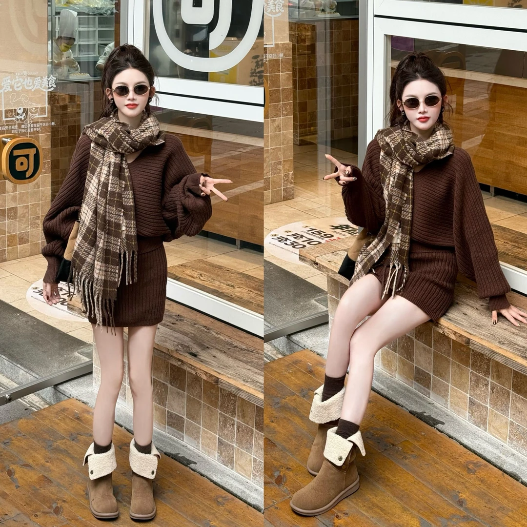 无限魅力~秋冬纯欲风穿搭蝙蝠袖毛衣半身裙两件套