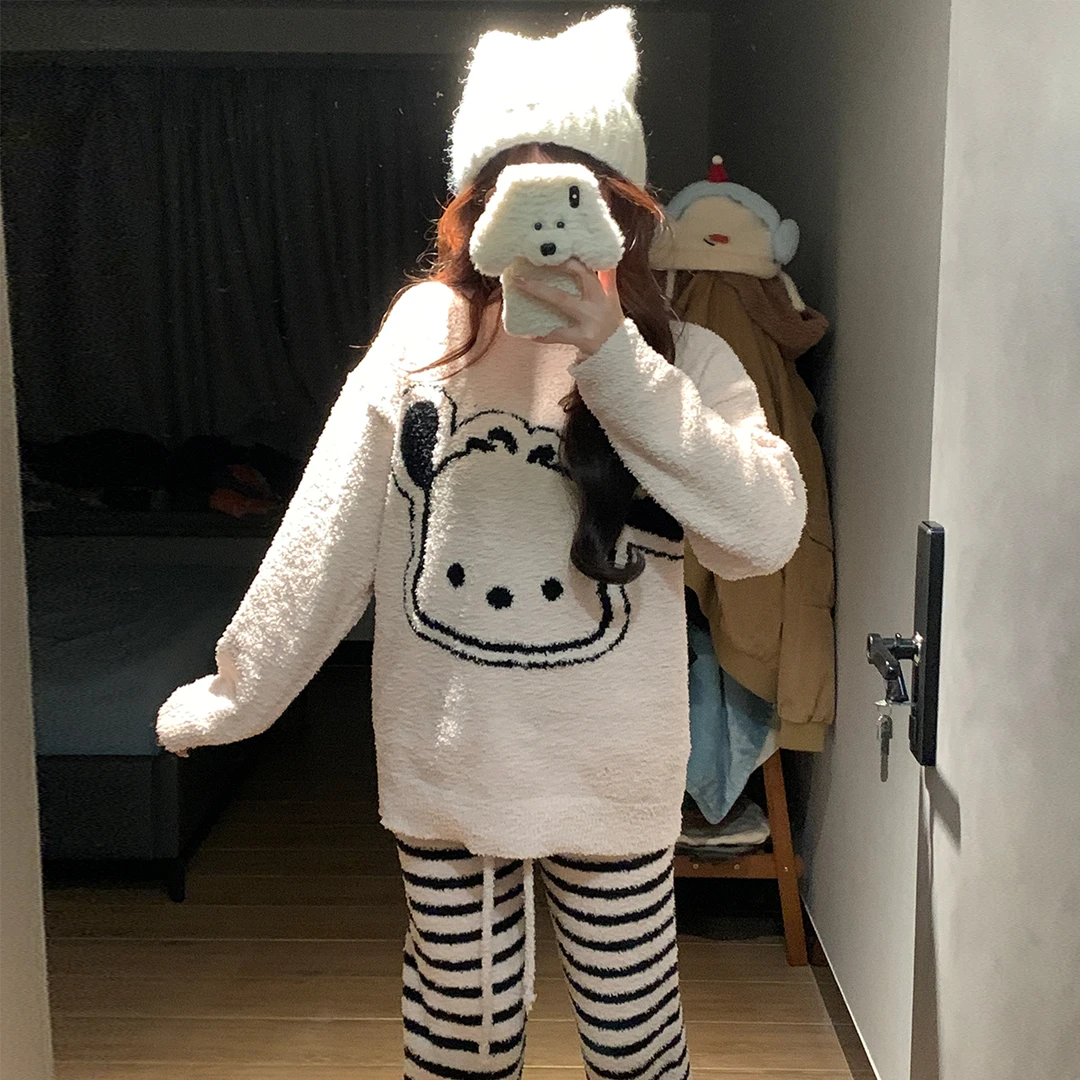 软绵绵睡衣女秋冬季加厚保暖珊瑚绒条纹甜美小狗半边绒家居服套装