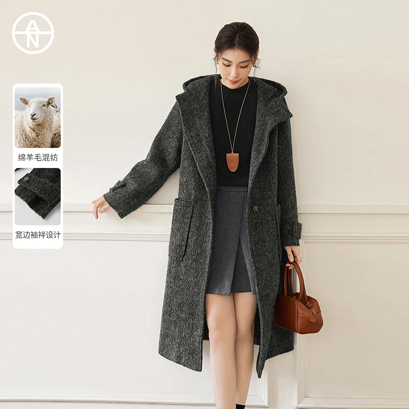 AN大码女装高级感灰色连帽毛呢外套冬季微胖mm老钱风廓形呢子大衣