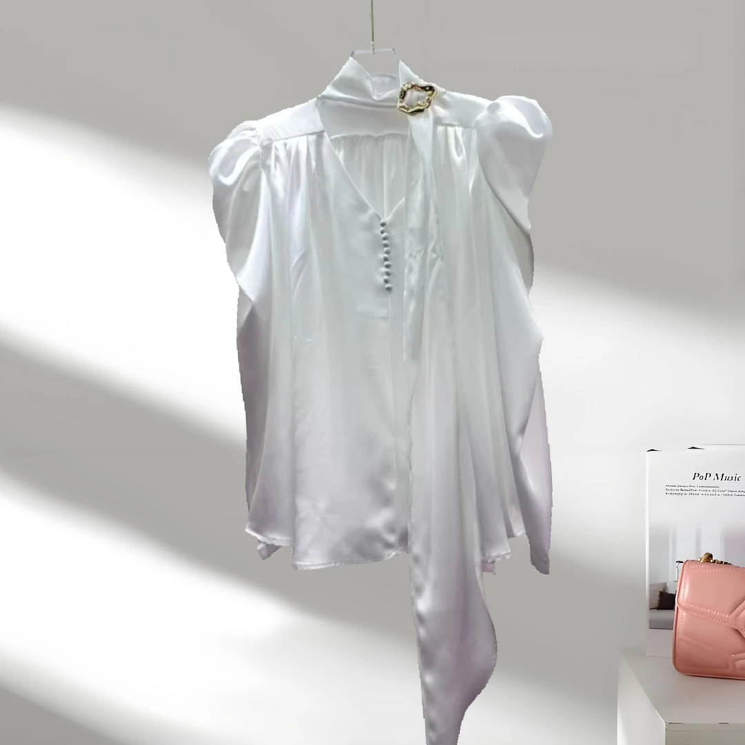 法式洋气纽扣飘带木耳花边单排扣宽松衬衫花边领衬衣上衣小众女装