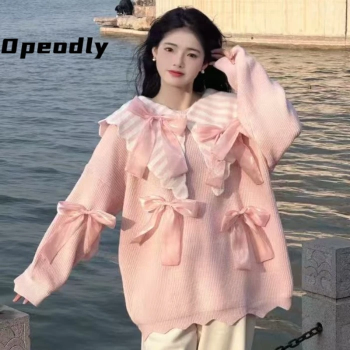 Opeodly温柔风针织上衣甜美可爱森系色娃娃领毛衣女秋冬蝴蝶结