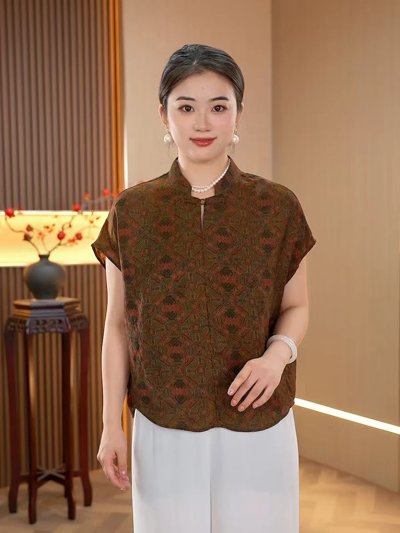 [绮霞浮络-气质上衣]高档中式如意纹提花百搭上衣