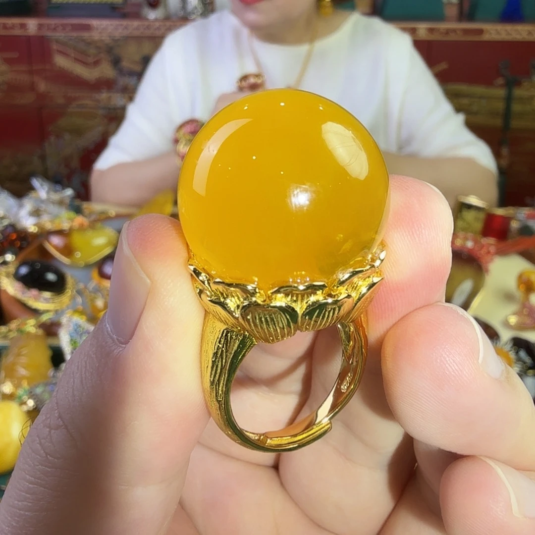 银S925镀金镶嵌蜜蜡戒指