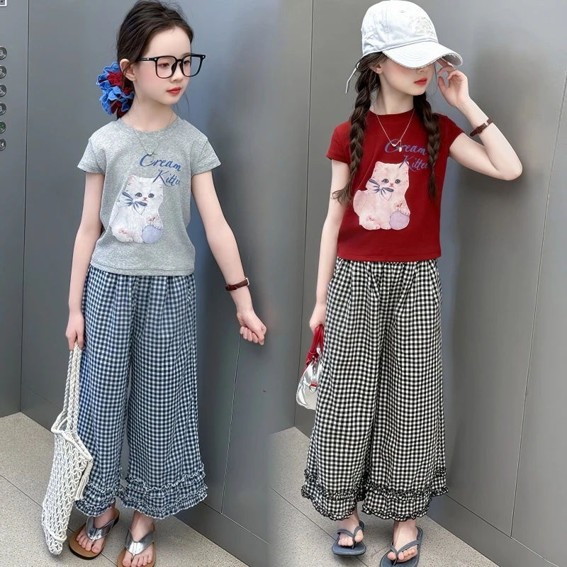 女童格子裤套装夏季2025新款儿童休闲夏装女孩卡通T恤两件套洋气