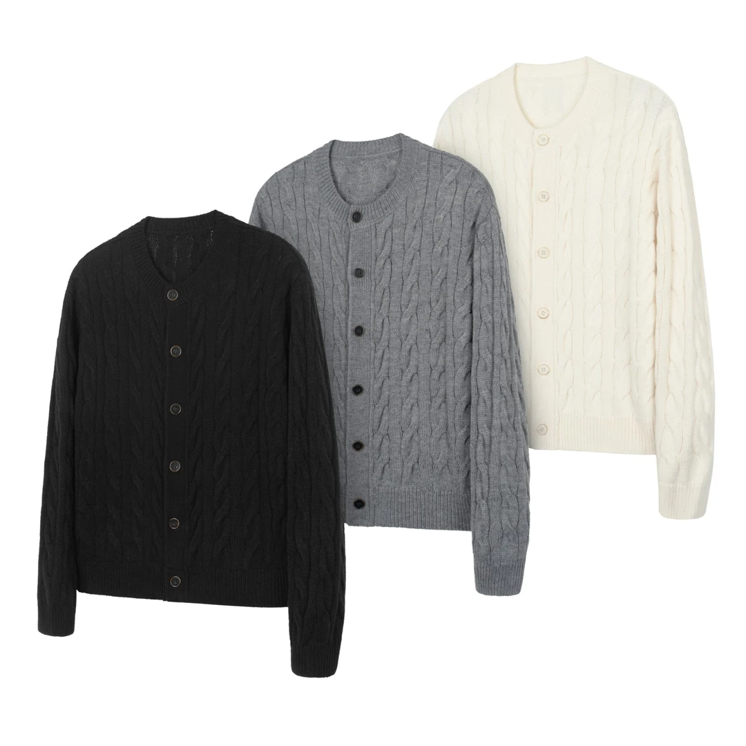 DESERTO 美利奴羊毛混纺纽花老钱风圆领开衫毛衣外套