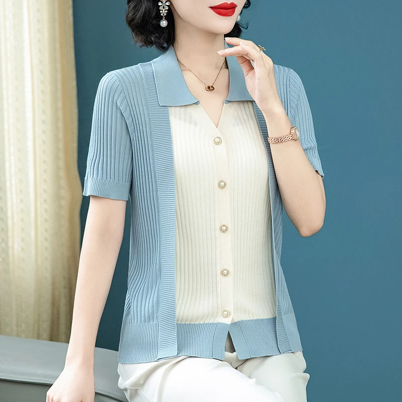 妈妈夏装洋气短袖新中式T恤小衫中老年女装夏季新款冰丝针织上衣