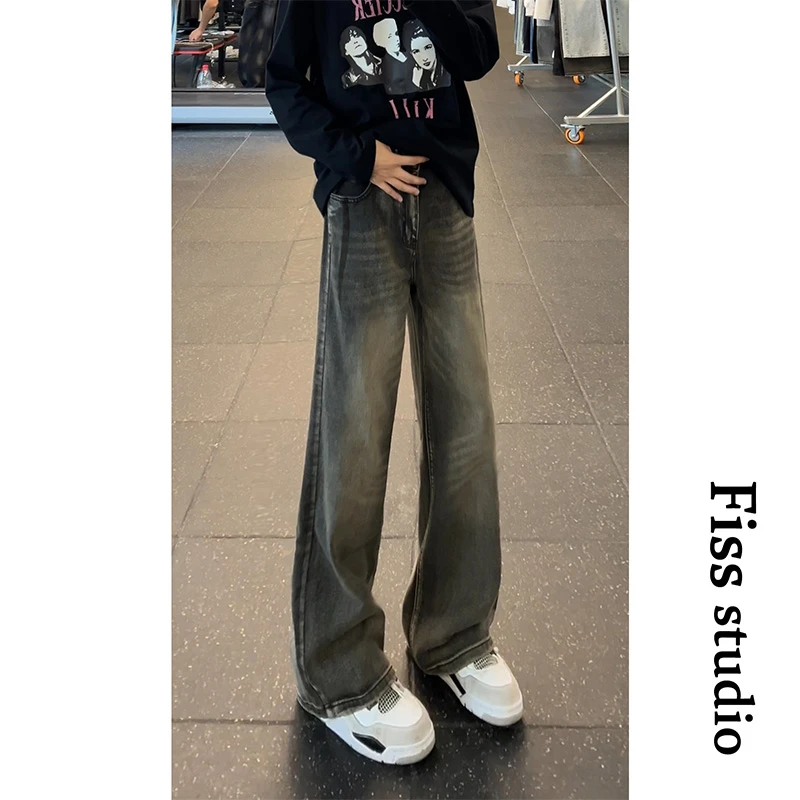 黑灰色小众设计感痞帅裤子百搭微喇裤男款美式高街vibe直筒牛仔裤