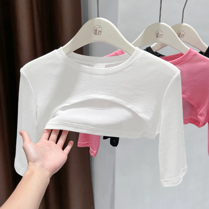 白色简约圆领套头中袖上衣夏季2025爆款配吊带裙超短外搭小罩衫女