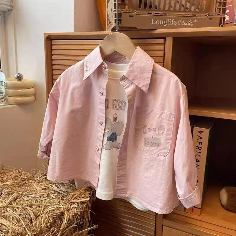 超爱粉色~儿童春装印花翻领长袖百搭衬衫男女童帅气衬衣薄款上衣