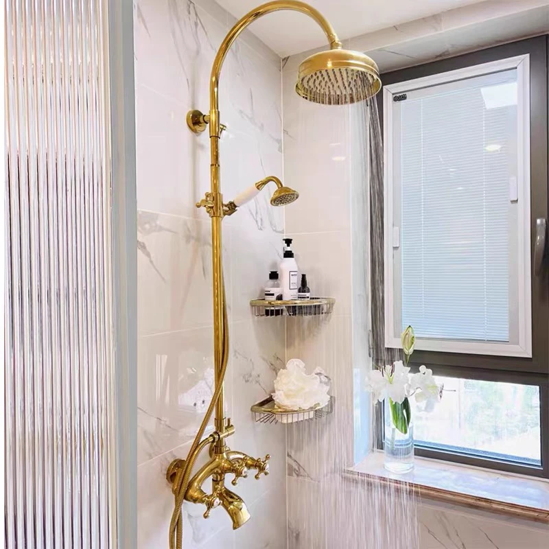 欧式金色全铜增压复古淋浴花洒套装含古水龙头混水阀淋浴套装