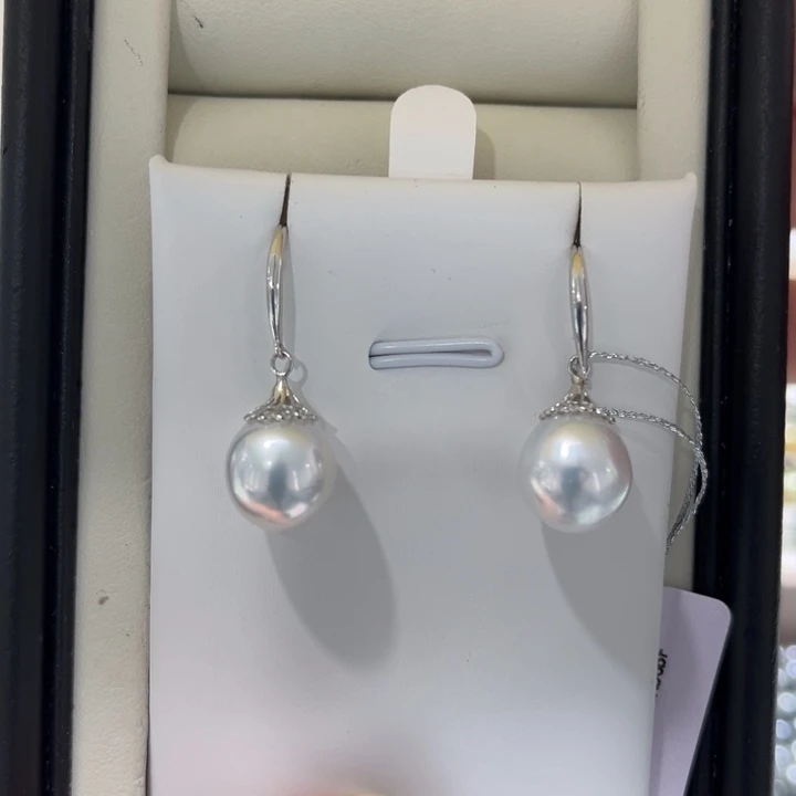 海水珍珠上新澳白盖帽耳钩10-11mm银S925镶嵌