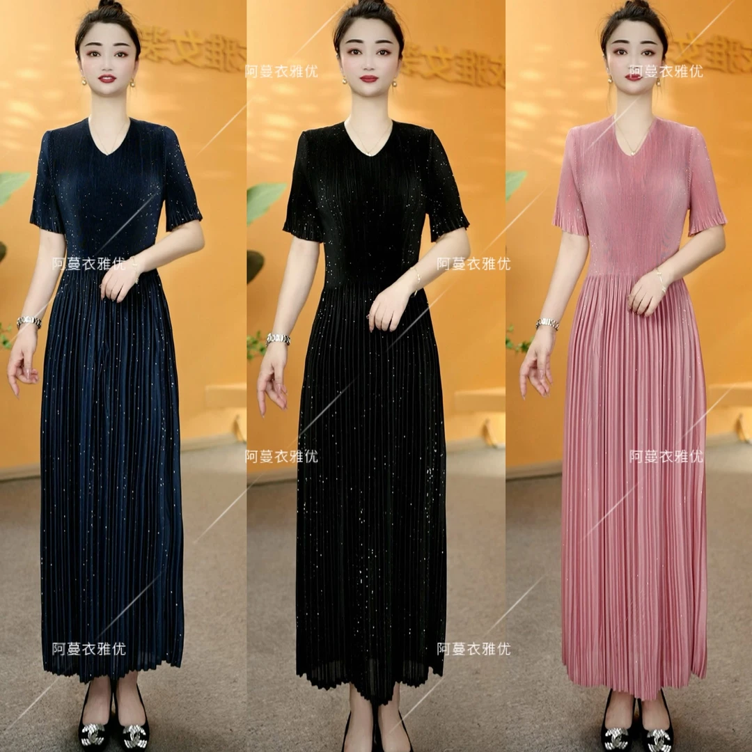 【衣雅严选】8110-1778#新款重工桑丝压皱烫金满天星显瘦连衣裙