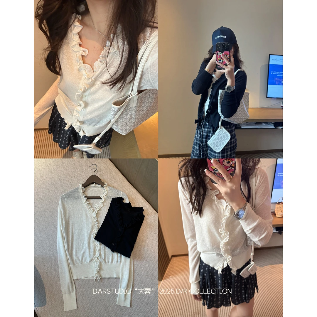 DAR STUDIO 深圳货【木耳花边】新款含亚麻立体花边针织开衫88413