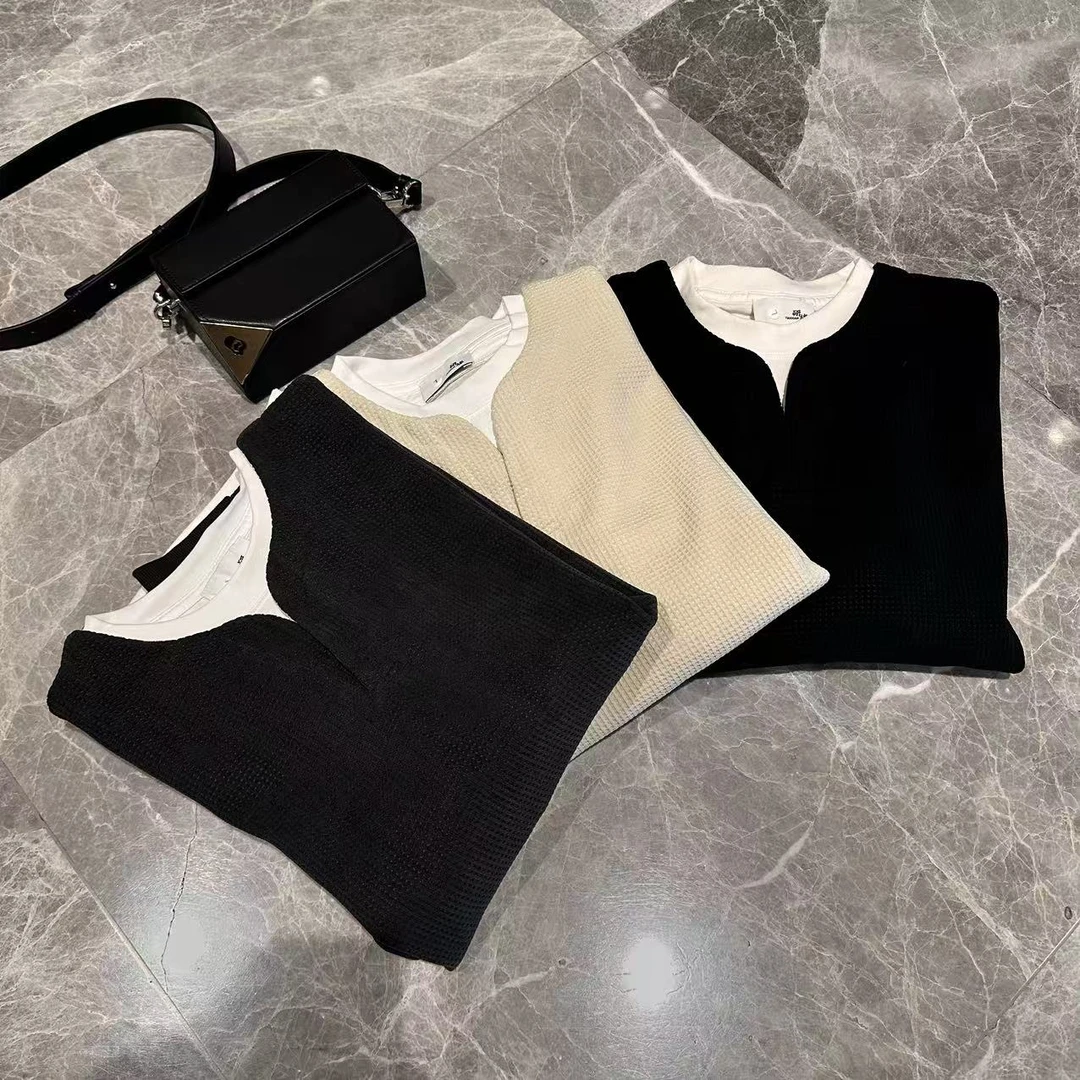 秋冬新款假两件潮流休闲纯色宽松百搭时尚圆领长袖卫衣