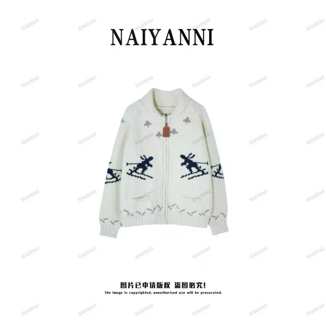 【滑雪】重工提花拉链针织开衫小人滑雪减龄宽松毛衣外套SC0251HH