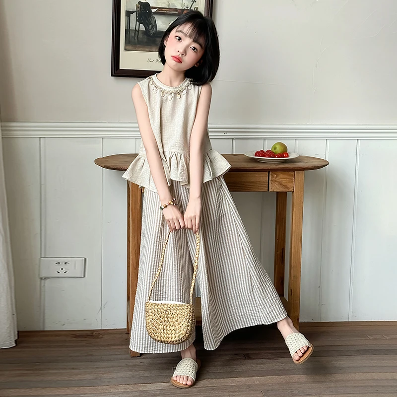 女童休闲套装夏季洋气中大童女孩波西米亚娃娃衫条纹阔腿裤两件套