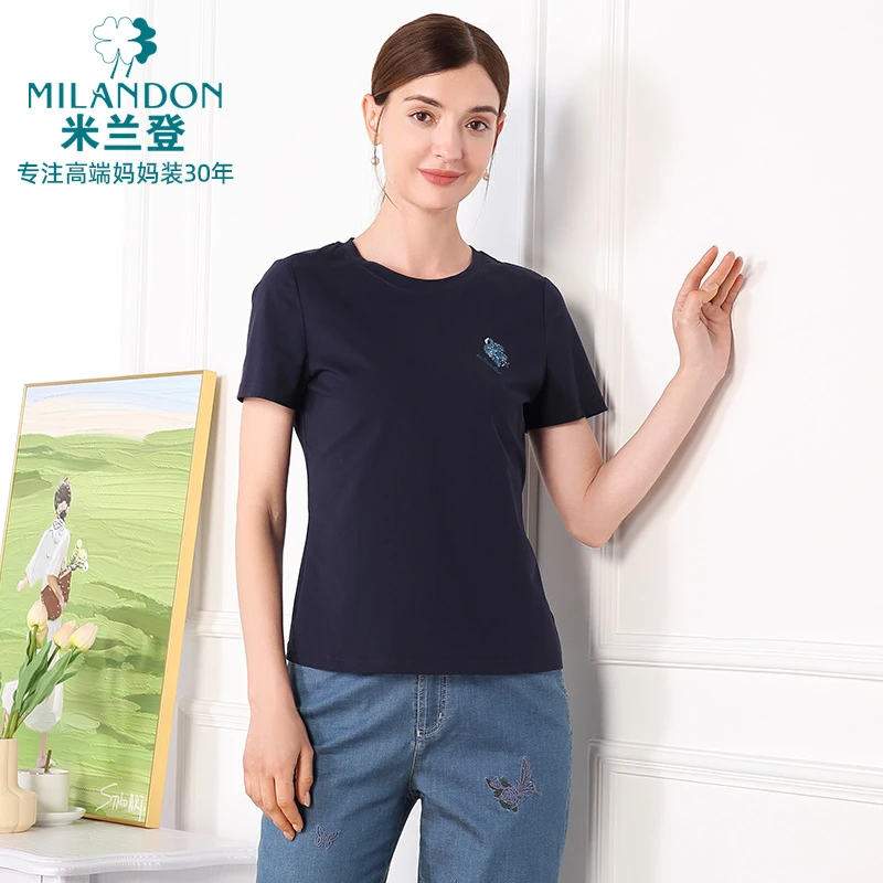 MILANDON/米兰登2025夏新款短袖T恤时尚透气女纯色圆领3Q2T1113X