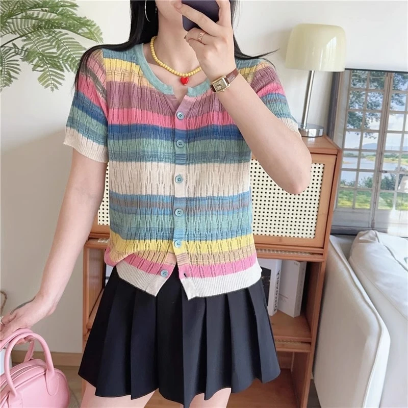 2515大码女装夏季新款彩虹条纹针织开衫甜美风百搭洋气感短袖上衣
