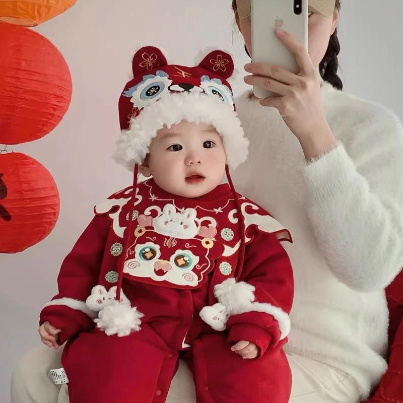 婴儿新年帽子冬季小童喜庆加厚虎头帽秋冬男女宝宝红色周岁保暖帽