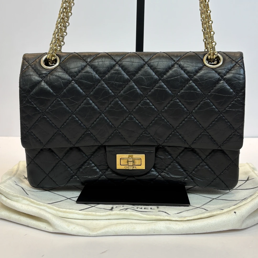 95新 Chanel/香奈儿 黑金菱格纹2.55小号单肩斜挎包 61049