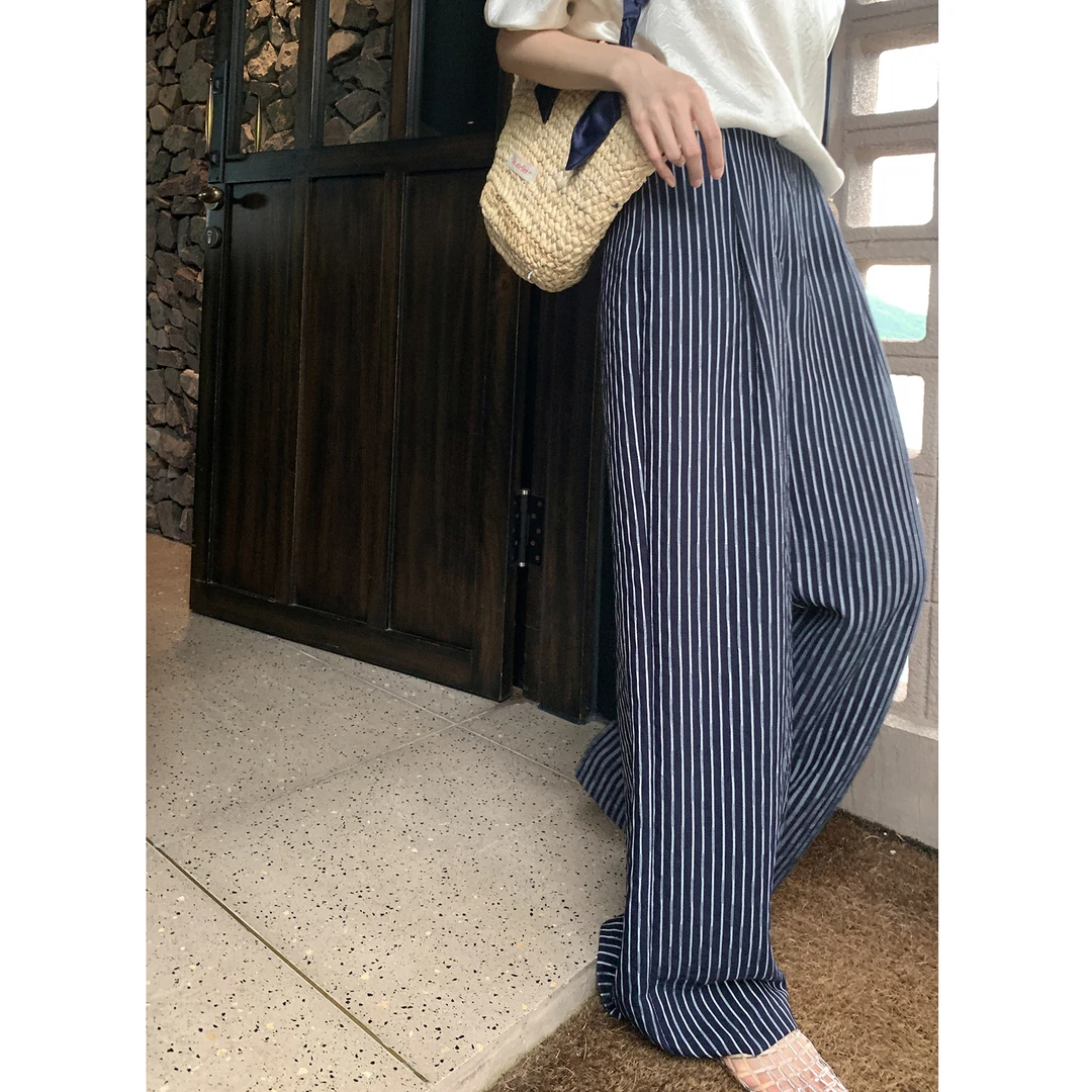 【ALONE SAVOR】龍喜儿 休息日 度假慵懒风条纹阔腿直筒休闲裤Z387