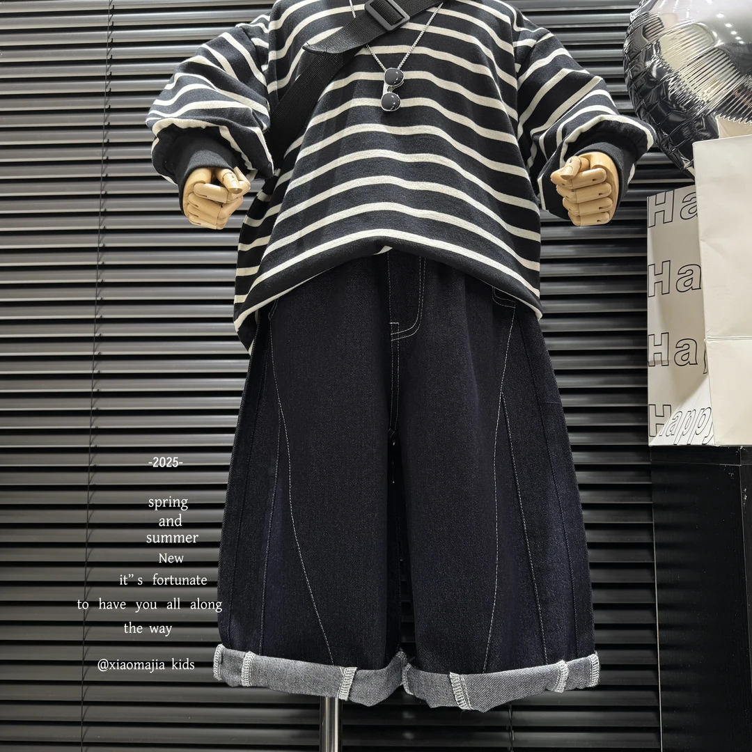 现货-儿童春季新款牛仔裤K-5199纯色休闲宽松潮流男女同款裤子