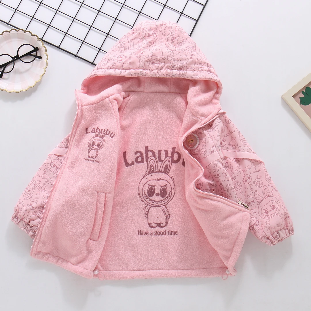 女童秋装外套2025新款儿童洋气女孩秋冬两面穿加绒加厚字母冲锋衣