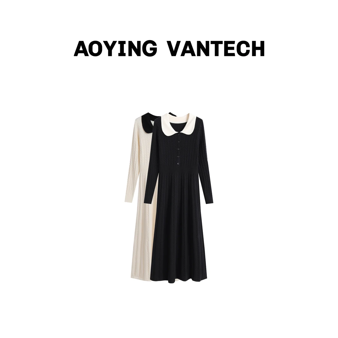 AOYING VANTECH【优雅香颂】复古拼色显瘦长款针织连衣裙