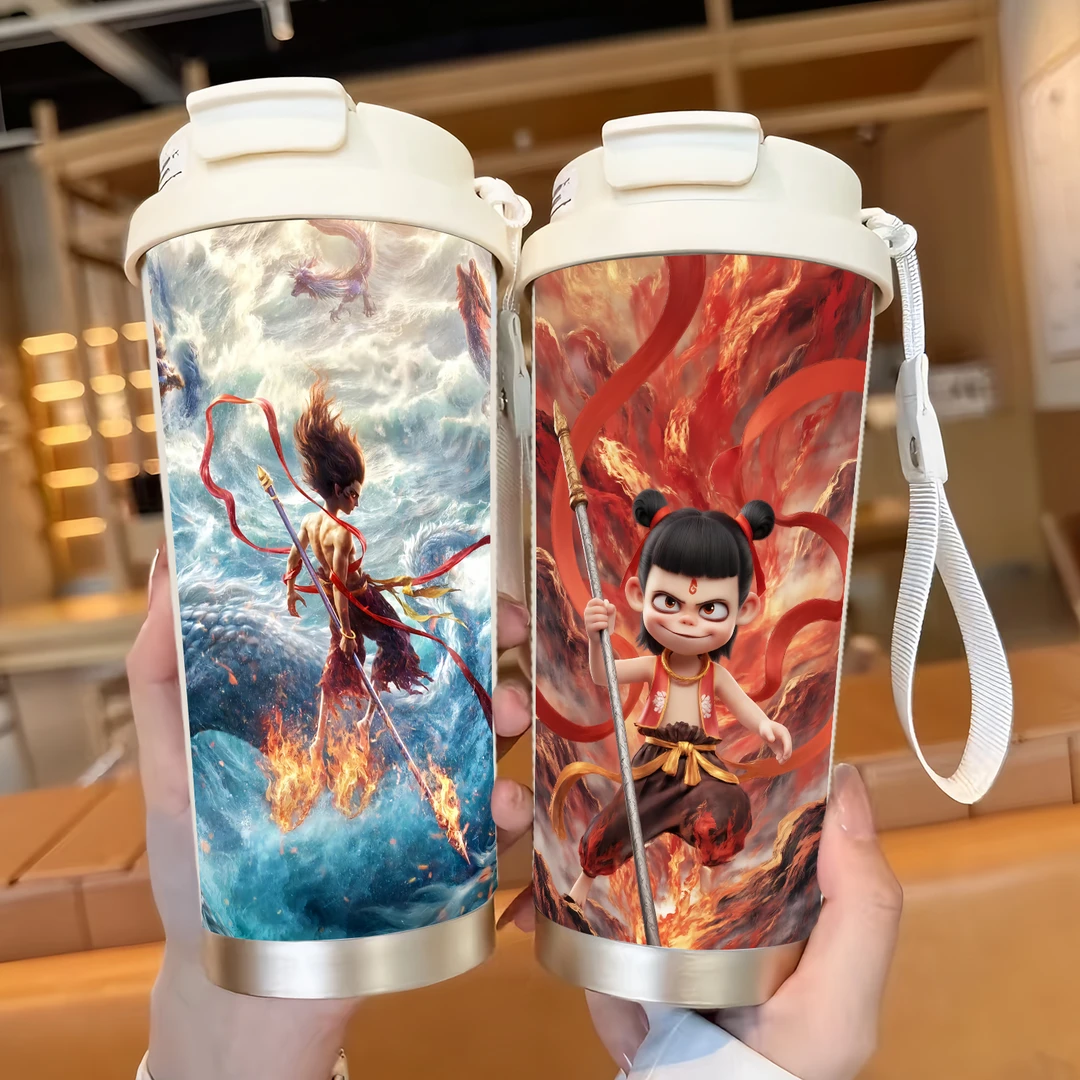 魔童哪吒保温杯不锈钢学生高颜值吸管大容量保温锁冷咖啡双饮杯